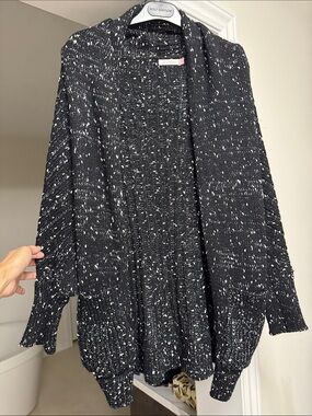 Open-Front Black & White Speckled Cardigan Sweater